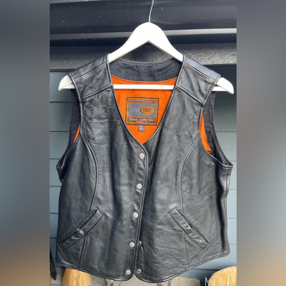 Black First classic leather gear motorcycle riding jacket with vest XL XXL - Picture 3 of 14